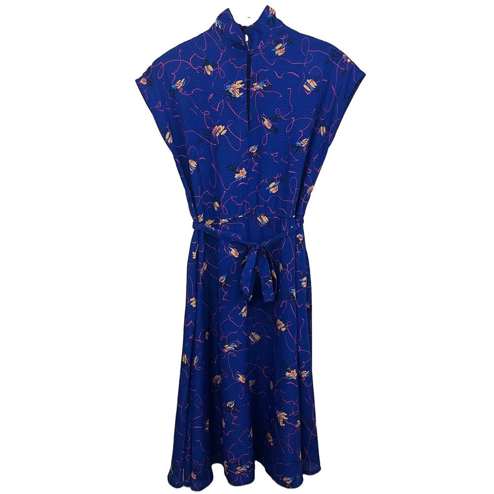 Vintage 80s Diane Von Furstenberg Belted Abstract Print Dress Size 6 Blue